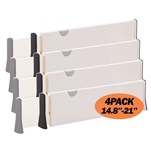 Set of 4 Adjustable Dresser Drawer dividers Organizers, Plastic Expandable Drawer Organization Separators for Kitchen, Bedroom, Closet, Bathroom, Clothing, Cabinet, Clothes, Underwear, Office, X-Large