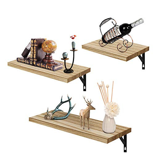 SUMGOTT Floating Shelves Wall Mounted, Rustic Wood Wall Shelves, Set of 3 Display Ledge Shelves, Decorative Wood Shelves, Functional Wall Storage Shelves for Bathroom, Living Room, Bedroom, Kitchen