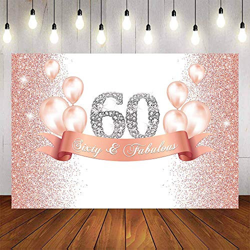 Avezano 60th Birthday Party Backdrop 7X5ft Sixty and Fabulouse Backdrops Sweet Rose Gold and Pink Dots Background for Adult Woman Birthday Party Banner 60th Shining Diamond