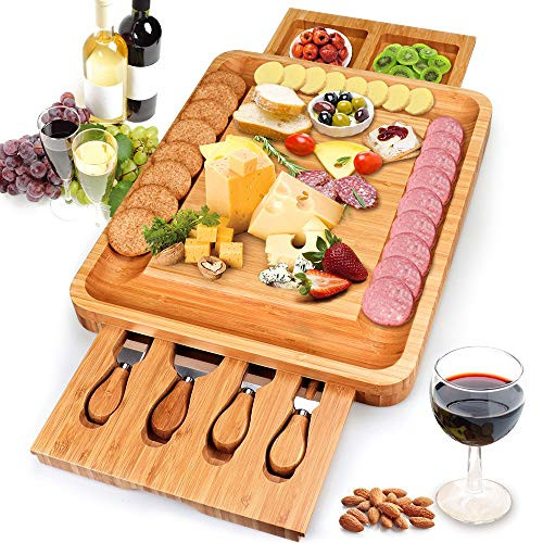 Bamboo Cheese Board and Knife Set,Cheese Servers with Hidden Drawer,Charcuterie Platter and Cheese Serving Tray for Wine, Crackers,Brie and Meat Bamboo Cheese Board and Knife Set,Cheese Servers with Hidden Drawer,Charcuterie Platter and Cheese Serving Tray for Wine, Crackers,Brie and Meat