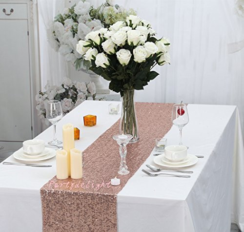 PartyDelight Sequin Table Runner, Table Linen, Rose Gold, 14"x108"