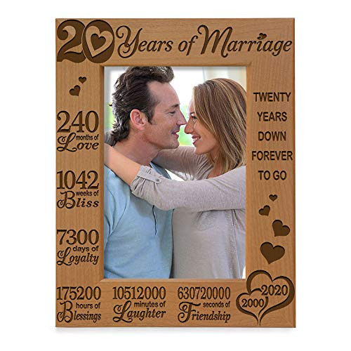 KATE POSH - 20 Years of Marriage 2000-2020, Our 20th Anniversary Engraved Natural Wood Picture Frame, Twenty Years Together, Wedding for Husband & Wife (5x7 Vertical)