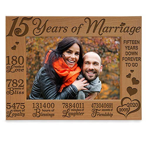 KATE POSH - Our 15th Anniversary Engraved Natural Wood Picture Frame - 15 Years of Marriage 2005 Through 2020, Fifteen Years Together, Wedding for Husband & Wife (5x7 Horizontal)