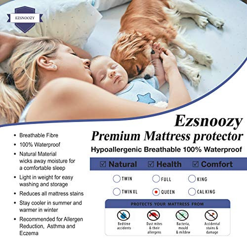 Ezsnoozy Queen Size Mattress Protector 100% Waterproof Mattress Pad Cover Hypoallergenic Breathable Noiseless Vinyl Free Dust Mite Proof Fitted Bed Cover 18" Deep Pocket- 60"x 80" Ezsnoozy Queen Size Mattress Protector 100% Waterproof Mattress Pad Cover Hypoallergenic Breathable Noiseless Vinyl Free Dust Mite Proof Fitted Bed Cover 18" Deep Pocket- 60"x 80"