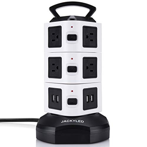 Power Strip Tower JACKYLED Surge Protector Electric Charging Station 3000W 13A 16AWG 10 Outlet Plugs with 4 USB Slot + 6ft Cord Wire Extension Universal Socket for PC Laptops Mobile (Renewed)