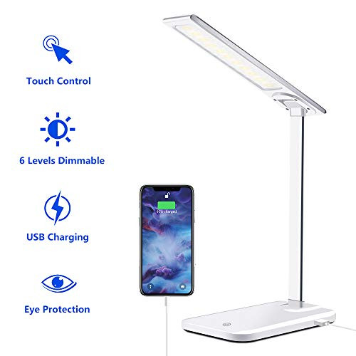 Harmonic LED Desk Lamp with USB Charging Port, Dimmable Office Lamp,3 Lighting Modes 6 Brightness Levels, Touch Control,Eye-Caring Table Lamp for Studying,Working, Reading (Adapter Included)