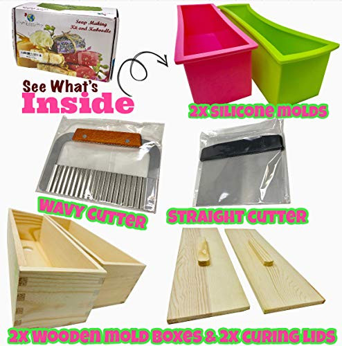 8pcs Silicone soap loaf Mold kit - 44oz Flexible Rectangular Soap Loaf Mold kit Comes with Stainless Steel Wavy Cutter and Straight Scraper & Curing lid for CP and MP Soap Making Supplies (soap Mold)