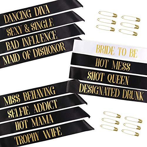 Bachelorette Party Sashes, Cooliya Bride to Be Sash and Bride Tribe Sashes, Unique Bride Bridesmaid Sashes with 12 Safety Gold Pins for Bachelorette Party (Black, 12 Pack) Bachelorette Party Sashes, Cooliya Bride to Be Sash and Bride Tribe Sashes, Unique Bride Bridesmaid Sashes with 12 Safety Gold Pins for Bachelorette Party (Black, 12 Pack)