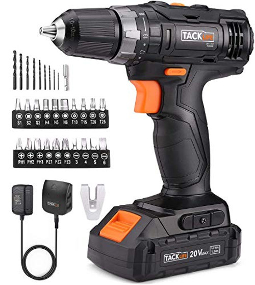 TACKLIFE 20V MAX Cordless Drill/Driver, 32 pcs, 19+1 Clutch & 265 In-lbs Max Torque, 2 Speeds, 3/8"Keyless Chuck 1500mAh Li-Ion Battery and Charger Included, Power Drill with LED -PCD06B