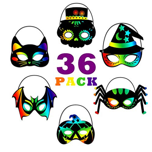 ORIENTAL CHERRY Halloween Crafts - 36PCS Magic DIY Rainbow Scratch Art Masks Skeleton Cat Witch Pumpkin Bat Spider for Kids Birthday Party Decorations