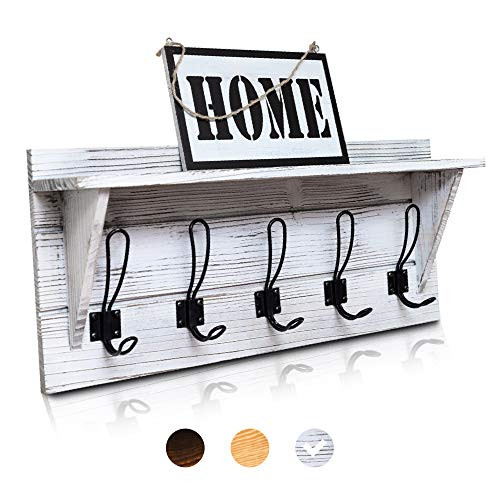 Rustic Coat Rack Wall Mounted with 5 Coat Hooks by East World! White Wall Mounted Coat Rack, Entryway Organizer, Hat Rack or Towel Hooks! Rustic Wood Coat Hanger with Rustic Hooks (Rustic White)