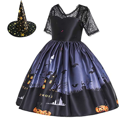 IZKIZF Kids Girls Halloween Party Costume Witch Ghost Pumpkin Skull Cosplay Fancy Dress Up Outfits with Witch Hat 10-11T