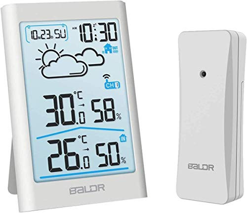 BALDR Weather Station, Wireless Digital Indoor Outdoor Thermometer Hygrometer with White Backlight LCD Display and External Sensor, Ideal for Weather Forecast Monitoring, Alarm Clock (White)
