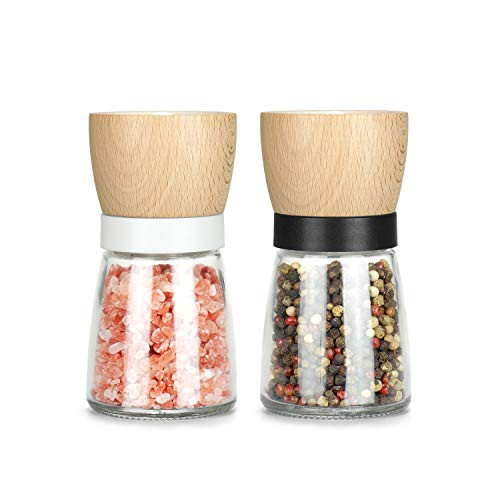 Salt and Pepper Grinder Wooden Set of 2 Adjustable Coarseness Ceramic Wood Pepper Grinder Pepper Sea Salt Mill Grinder for Kitchen Seasoning Salt and Pepper Shaker Set Black and White