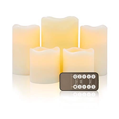 D4" Ivory Flameless Candles LED Candle Realistic Flickering Electric Candles Battery Operated, Ivory Real Wax LED Pillar Candle Sets (Ivory, Set of 5)