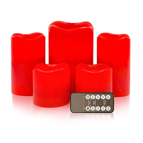 D4" Red Flameless Candles LED Candle Realistic Flickering Electric Candles Battery Operated, Ivory Real Wax LED Pillar Candle Sets (Red, Set of 5)