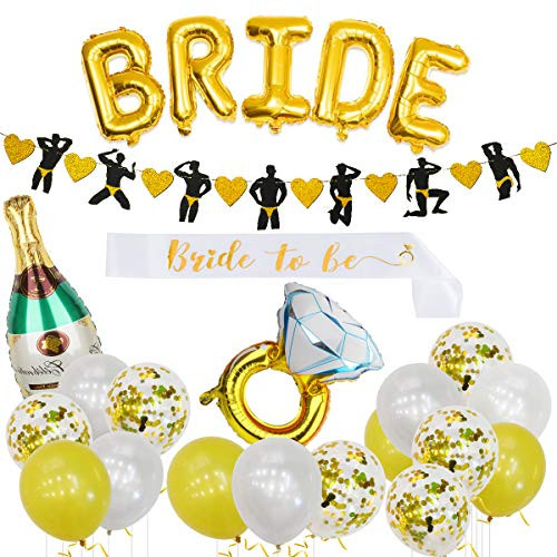 Bachelorette Party Decorations Glitter Kit, Bridal Shower Decorations Supplies - Gold Bride Balloon | Striptease Banner | Bride to Be Sash | Champagne Foil | Ring Foil | Latex Balloon Bachelorette Party Decorations Glitter Kit, Bridal Shower Decorations Supplies - Gold Bride Balloon | Striptease Banner | Bride to Be Sash | Champagne Foil | Ring Foil | Latex Balloon