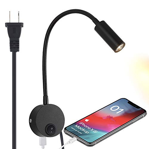 Plug-in Bedside Reading Wall Light with USB Charging Port, LED Wall Mounted Lamp, Flexible Wall Sconce, Black Finished (3W Warm White)