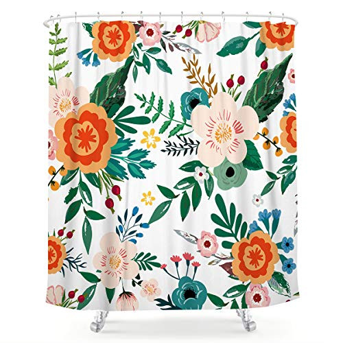 LIGHTINHOME Pink Flower Shower Curtain Colorful Floral Green Leaves Natural Spring Blooming Rustic Botanical Plants Fabric Waterproof Bathroom Home Decor Set 72x72 Inch 12 Plastic Hooks