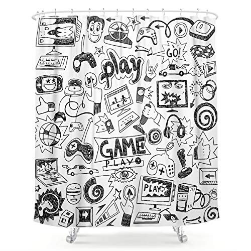 LIGHTINHOME Kids Video Game Boys Shower Curtain Black and White Sketch Funny Graffiti Fabric Waterproof Bathroom Home Decor Set 72x72 Inch 12 Plastic Hooks