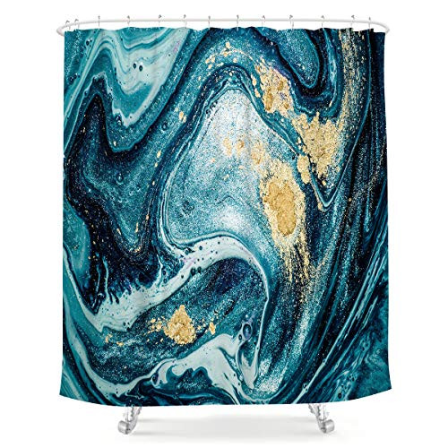 LIGHTINHOME Marble Shower Curtain Abstract Texture Ripples Ocean Blue Swirls Teal Agate Natural Luxury Gold Art Printed Fabric Waterproof Bathroom Decor Set 12 Pack Plastic Hooks 72x72 Inch