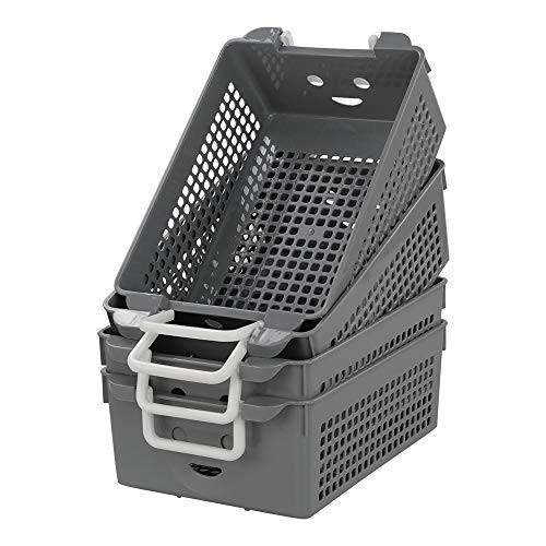 Jandson Plastic Stacking Baskets with Handle, Grey Basket, 4 Packs