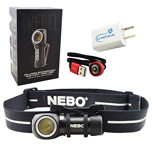 NEBO Rebel 600 Lumen Rechargeable Head Light Tactical Headlamp Bundle with a Lumintrail USB Wall Adapter