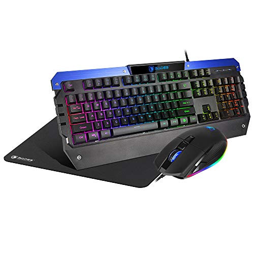 SUPSOO Battle Ram Gaming Keyboard and Mouse Combo & Mouse Pad, RGB Backlit 104 Keys Gaming Keyboard with 12 Multimedia Keys Wrist Restand and RGB Gaming Mouse 4000 DPI for Windows PC Gamers (Black)
