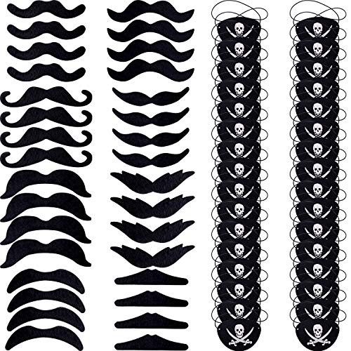 64 Pieces Fake Mustaches Self Adhesive and Pirate Eye Patches Felt One Eye Captain Eye Patch for Halloween Christmas Pirate Theme Party