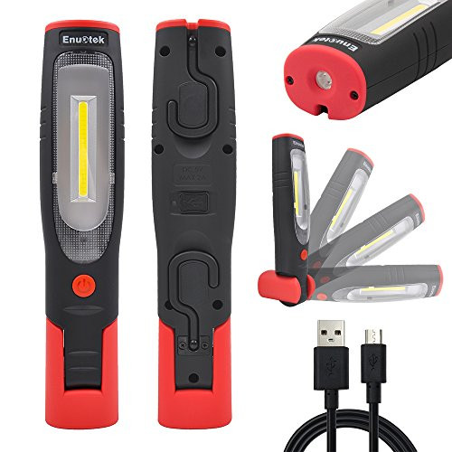 Rechargeable LED Work Light Portable Cordless LED Mechanic Inspection Lamp LED Torch Light- Front 3W COB LED and Top 3W LED- Foldable, Magnetic, Dual Hooks- Essential Work Job Tool by Enuotek
