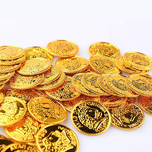 KEPATO Pirate Gold Coins Plastic Set of 100,Play Gold Treasure Coins for Play Favor Party Supplies, Pirate Party, Treasure Hunt Game and Party Favors (Gold)