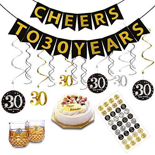 30th Birthday Party Decorations Kit for Men Women, Gold Glittery Cheers to 30 Years Banner 12 Pcs Hanging Swirls, 36 Pcs 30th birthday stickers, 30th Years Old Party Supplies Anniversary Decorations