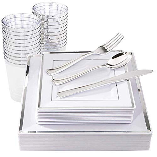 IOOOOO 150 Pieces Silver Square Plates & Disposable Silverware & Plastic Cups, Silver Plastic Dinnerware Include: 25 Dinner Plates, 25 Dessert Plates, 25 Forks, 25 Knives, 25 Spoons, 25 Tumblers
