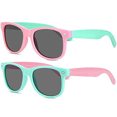 Kids Polarized Sunglasses TPEE Rubber Flexible Children's Sunglasses for Boys Girls Age 3-10 100% UV Protection (Pink Green/Green Pink)