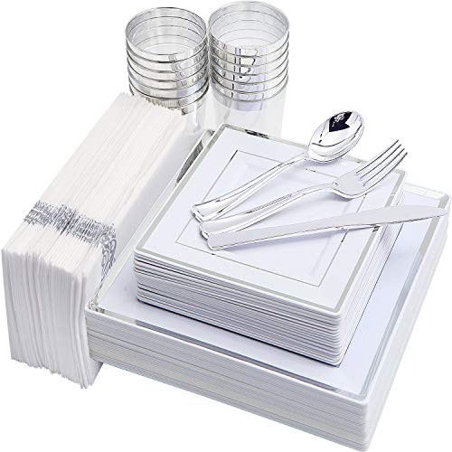 IOOOOO 175PCS Silver Plastic Plates, Disposable Silverware, Napkins & Cups, Square Dinnerware Include 25 Dinner Plates, 25 Salad Plates, 25 Forks, 25 Knives, 25 Spoons, 25 Tumblers, 25 Guest Towels