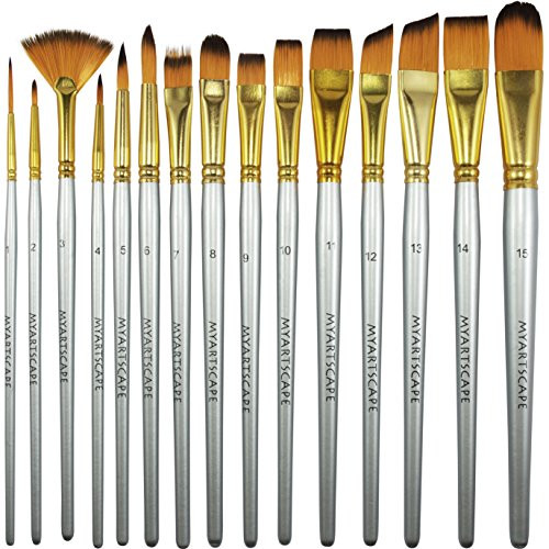 Paint Brush - Set of 15 Art Brushes for Watercolor, Acrylic & Oil Painting - Short Handles
