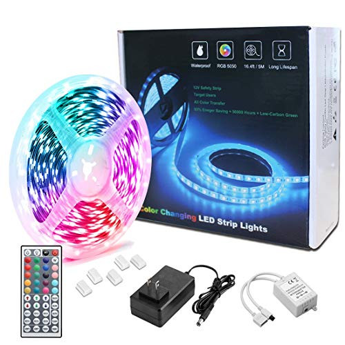 LED Strip Lights 16 ft RGB SMD 5050 LED Waterproof Light Strips Color Changing Kit, with 12V Power Supply, 44 Key Infrared Remote Control, Used for Bedroom Home Kitchen TV Decoration LED Strip Lights 16 ft RGB SMD 5050 LED Waterproof Light Strips Color Changing Kit, with 12V Power Supply, 44 Key Infrared Remote Control, Used for Bedroom Home Kitchen TV Decoration