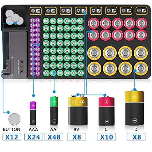Battery Organizer Storage Case with No Lid Snap,Batteries Storage Box Holds 110 Different Size Batteries for AAA, AA, 9V, C, D, Button Battery with Removable Battery Tester (No batteries included?