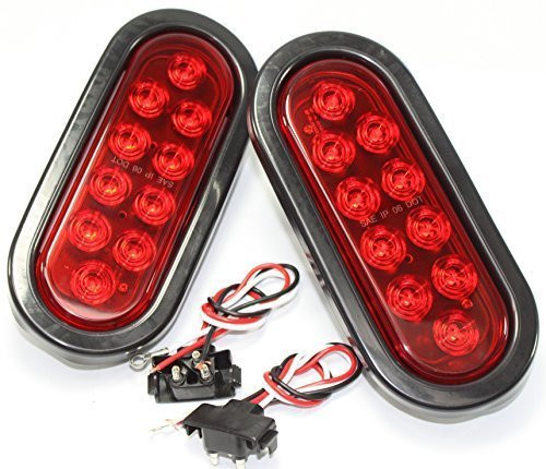 Pair 6" Red Oval / Oblong LED Stop Turn Tail Light Sealed Kit with Light Grommet and Plug for Truck Trailer RV