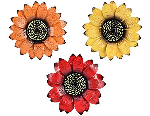 YEAHOME Metal Flower Wall Decor - 9 inch Wall Art Decorations Sunflower Decor Hanging for Bathroom, Bedroom, Living Room - Office/Home Decor Boho Art, Set of 3 Handmade Gift for Indoor or Outdoor