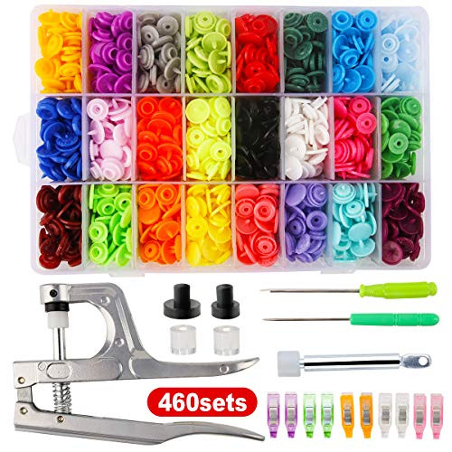 Snap Fasteners Button with Pliers Tool 24 Colors 460 Sets Plastic T5 No-Sew Snap Buttons Include 15 Clips for Crafts Clothing cenoz