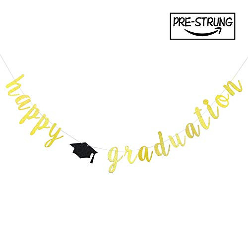 Gold Glitter Happy Graduation Banner - High School/College Graduate Congratulations Hanging Decorating-Congrats Grad Graduation Party Decorations Supplies