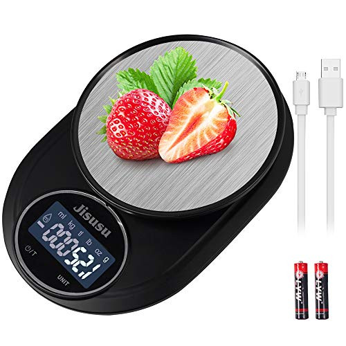 JISUSU Digital Food Scale,11lb USB Rechargeable Food Kitchen Scale with 0.1g/0.001oz Precise Graduation,Tare Function, 7 Units LCD Display Scale Weight Grams and oz for Cooking and Baking