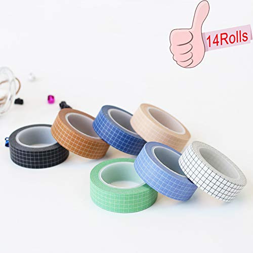14Rolls Washi Tape, Scrapbook Tape, Washi Tape Set, Grid Washi Masking Decorative Tapes for Scrapbooking, Bullet Journals, Arts and Crafts Projects Supplies, Decorative Holiday Craft Tape(15mm x 10 m)