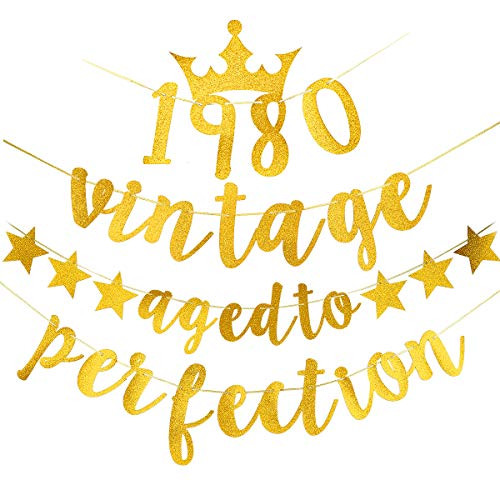 Gold 40th Birthday Banner - Glitter Vintage 1980 Aged to Perfection Banner - 40th Birthday or Anniversary Party Decorations Supplies for Women & Men