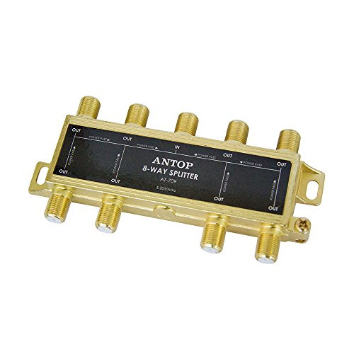 ANTOP Antenna Splitter,Coaxial Splitter 8 Way 2GHz- 5-2050MHz Low Insertion Loss RF Splitter for TV and Satellite 18K Gold-Plated Chassis All Port DC Power Passing