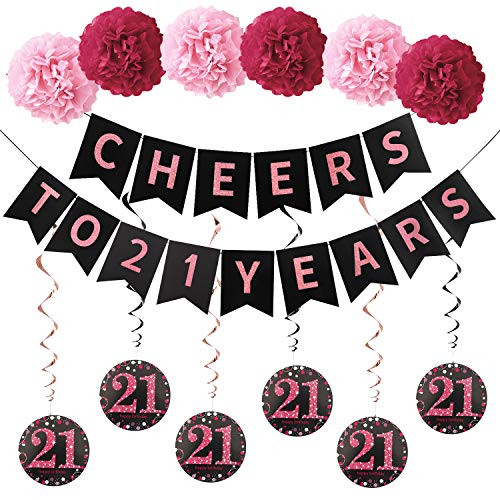 Girls 21st Birthday Party Decorations Supplies Kit - Rose Gold Cheers to 21 Years Banner, 6Pcs Celebration 21 Hanging Swirls, 6Pcs Poms - 21 Years Old Party 21th Anniversary Decorations Girls 21st Birthday Party Decorations Supplies Kit - Rose Gold Cheers to 21 Years Banner, 6Pcs Celebration 21 Hanging Swirls, 6Pcs Poms - 21 Years Old Party 21th Anniversary Decorations