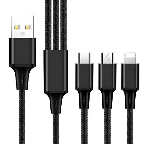 Multi Charger Cable, 4ft 3 in 1 Universal Nylon Braided Multiple USB Charging Cord with Lightning 8PIN Micro USB Type C Connector Compatible with Cell Phones Tablets and More