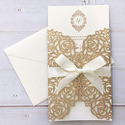 Picky Bride 25PCS Wedding Invitations with Envelopes 5 x 7-inch Lasercut Lace Gold Wedding Invitations Kit for Wedding Party, Bridal Shower