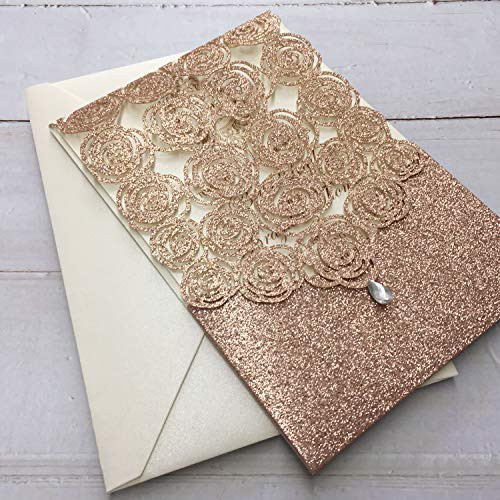 Picky Bride 25PCS Wedding Invitations with Envelopes 5 x 7-inch Lasercut Vertical Pocket Gold Wedding Invitation Kit for Wedding Party, Bridal Shower